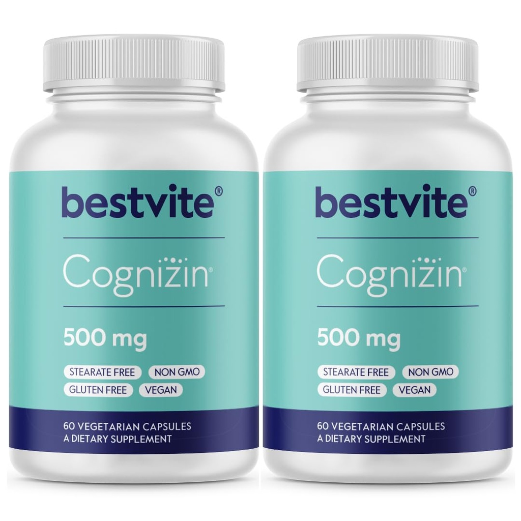 BESTVITE Cognizin Citicoline 500mg (120 Capsule vegetariene) (60x2) - Studiat clinic Choline Nootropic Premium - Fără Stearete - Vegan - Gluten gratuit - Suplimente cerebrale pentru memorie și concentrare