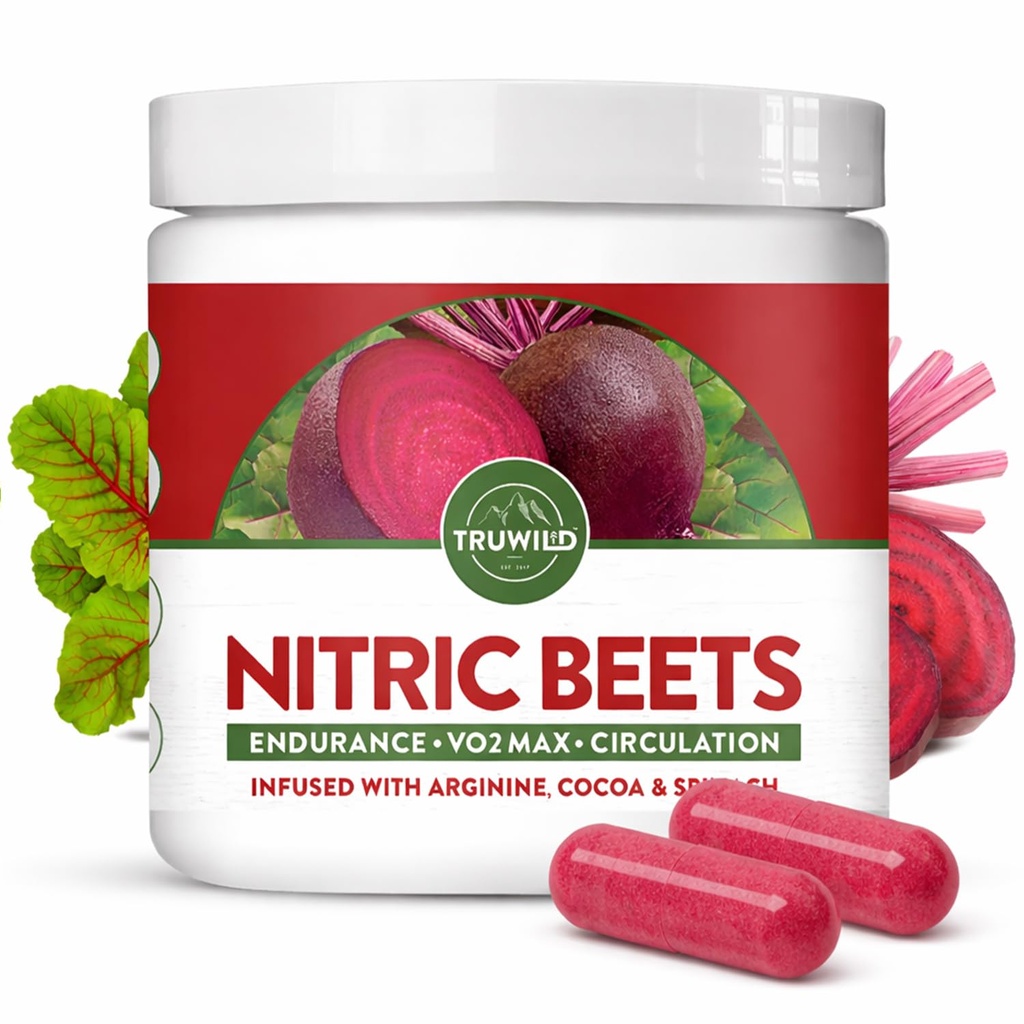 Truwild All Natural Beet Root Powder, Nitric oxid Booster, 1000mg, Vegan Superfood Capsule Supliment, Beetroot Extract sprijină sănătatea generală, Performanță & Rezistență, 30 Serviri