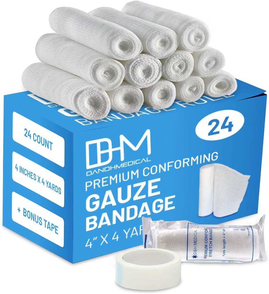 D&H Pachet medical de 24 Bandaje de teava 4 Inches x 4 Yards - Medical Gauze Wrap for Wounds Care - Ușor de utilizat Role de teava de bumbac pentru Wrap Hand Dressing Ankles & Knees
