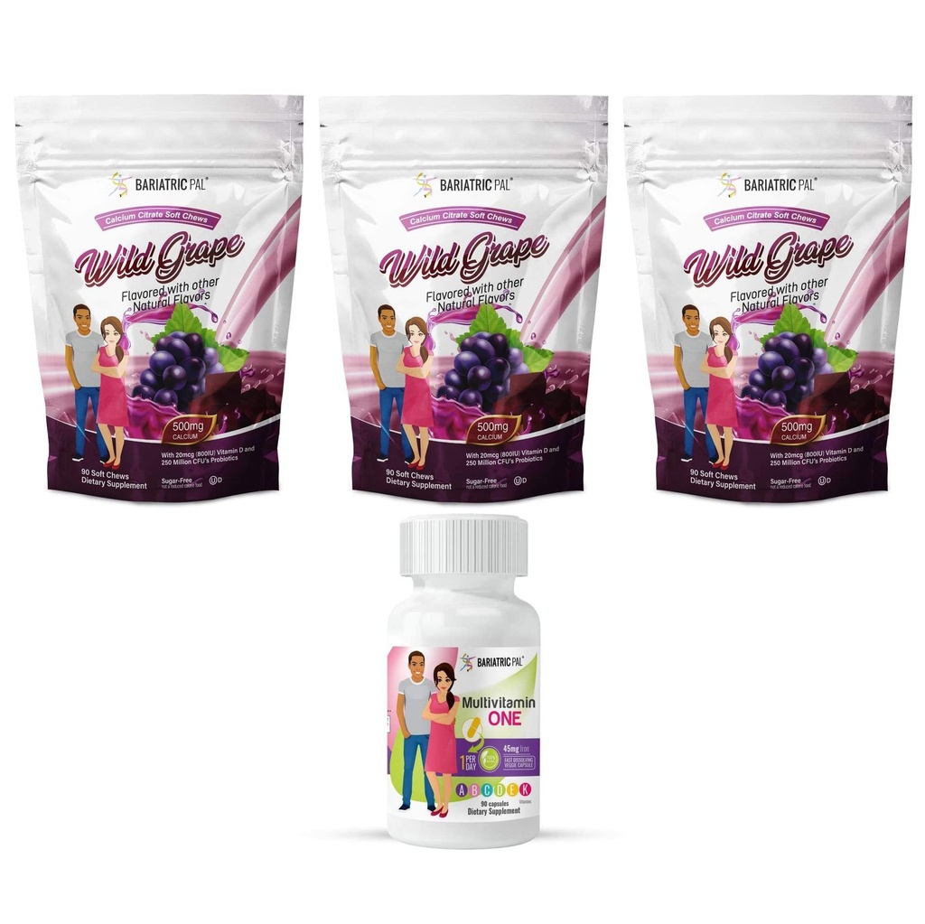 BariatricPal 90-Day Bariatric Vitamina Bundle (Multivitamine ONE 1 pe zi! Capsule cu 45mg Citrat de fier și calciu Chews Soft 500mg cu Probiotice - struguri sălbatici)