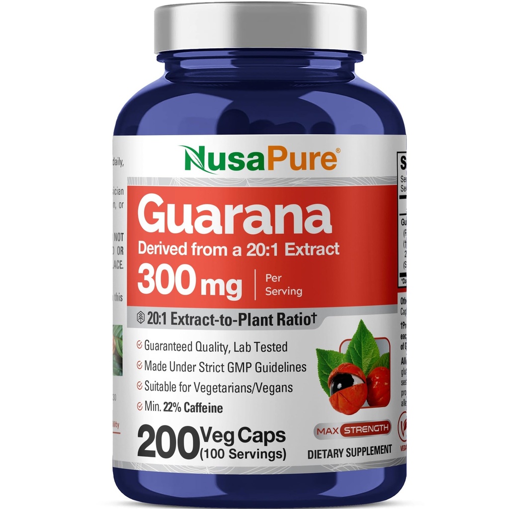 NusaPure Guarana Extract 20:1 Extract, 300 mg echivalent cu 6000 mg per Veggie Caps 200 Count (non-GMO, Vegan)