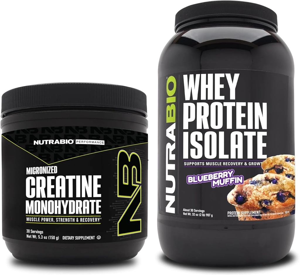 NutraBio Creatine Monohydrate, Unflavored, 150g and Whey Protein Isolate, Blueberry Muffin, Supplement Bundle - Muscle Energy, Lean Muscle Growth, Recovery, and Strength