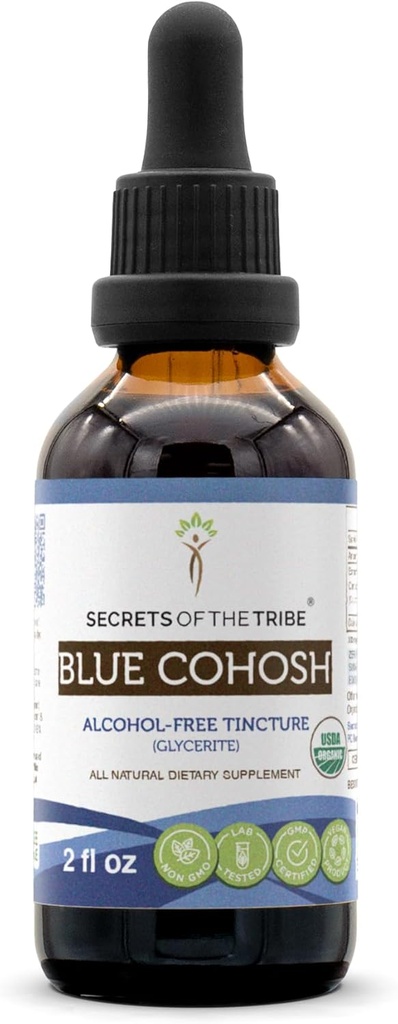 Secretele Tribului Albastru Cohosh USDA Tinctură organică fără alcool (Glicerite) Albastru Cohosh cultivat responsabil (Caulofilum Thalictroides) Root uscat (2 Fl Oz) Femei's Health Supplement
