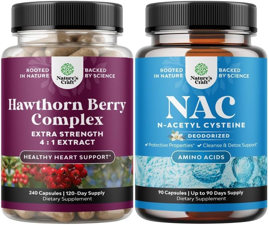 Bundle de mare putere Capsule de berry Hawthorn cu extract de frunze si flori 4:1 pentru inima sanatoasa & Digestie si NAC Supliment N-Acetyl Cysteine 600mg - Glutatione Precursor pentru ficat dezintoxicare