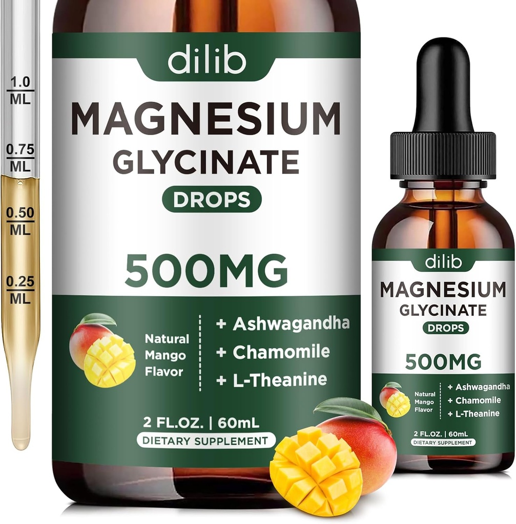 Magneziu Glicinat Supliment, Magneziu lichid picături cu magneziu Glicinat 500mg Ashwagandha, L - Theanin, Mușețel -Suport Stress Relief, Os, Muschi, Mood Vegan naturale Mango Aroma