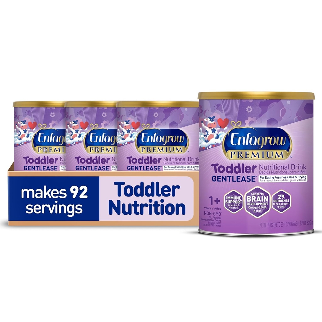 Enfagrow PREMIUM Gentlease Toddler Nutritional Drink, Made with Real Milk, Conceput pentru a ușura Fussiness, gaz & Crying, Nutrients for Growth & Immune Support, Powder Can, 29.1 Oz (Pachet de 4)