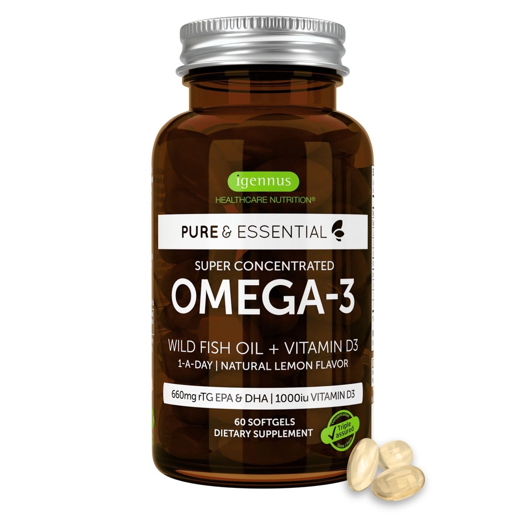 Igennus Advanced rTG Omega-3 IFOS Certified Wild Fish Oil & Vitamina D3, 1-a-Day, Fatty Acids EPA & DHA, Fast-Actioning Trigliceride Form, Ultra Pure & Non-GMO, 60 Softgels