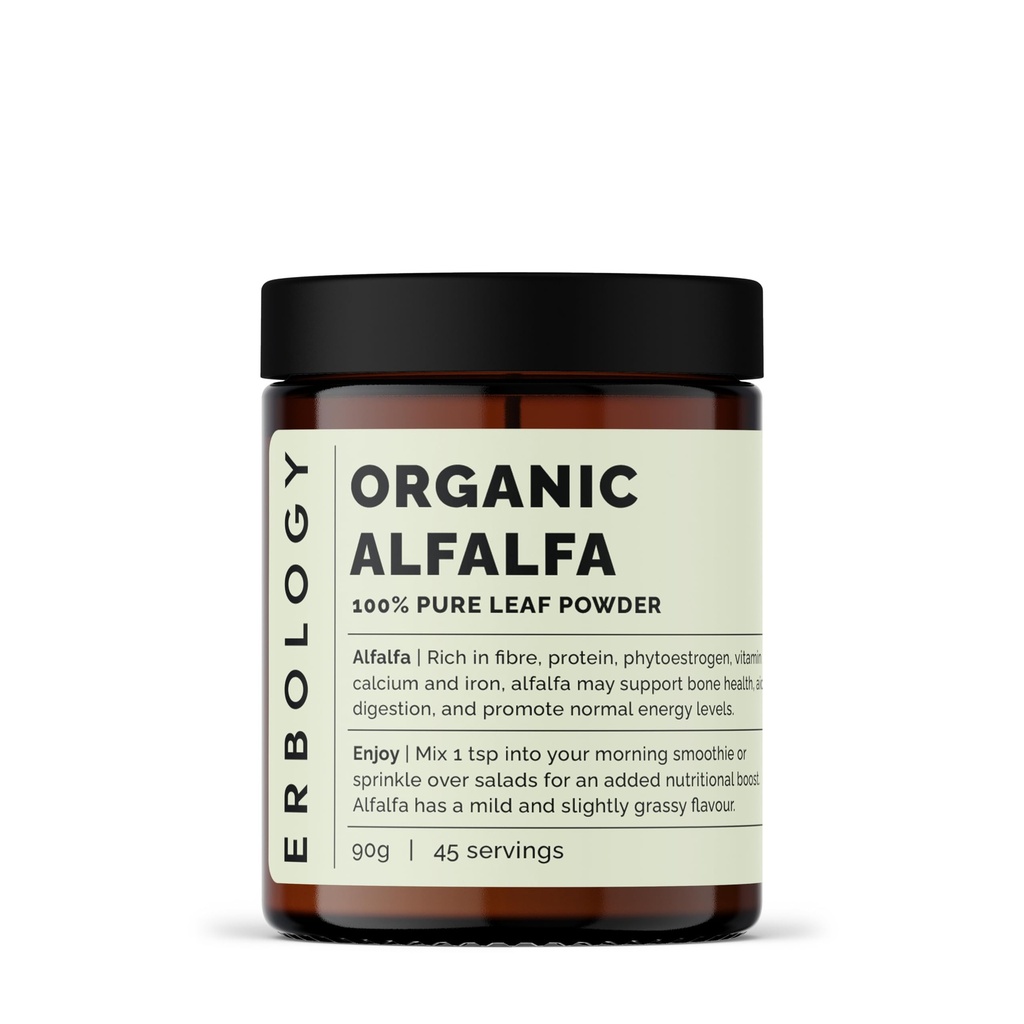 Erbology Organic Alfalfa Powder 3.2 oz - 45 Servings - Suportă Bone and Gut Health - Bogat în vitamina A, Calciu și Fier - Susținută direct de la fermă - Small Series - Vegan - OMG-free