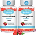 2 Pack L-Metilfolat 15mg & metil B12 Gummies, Folate Supplement for Brain Health, Mood & Imunity, ADN Sinteza & Reparatii, Sugar Free, Vegan, Cranberry Flavor, 120 Count