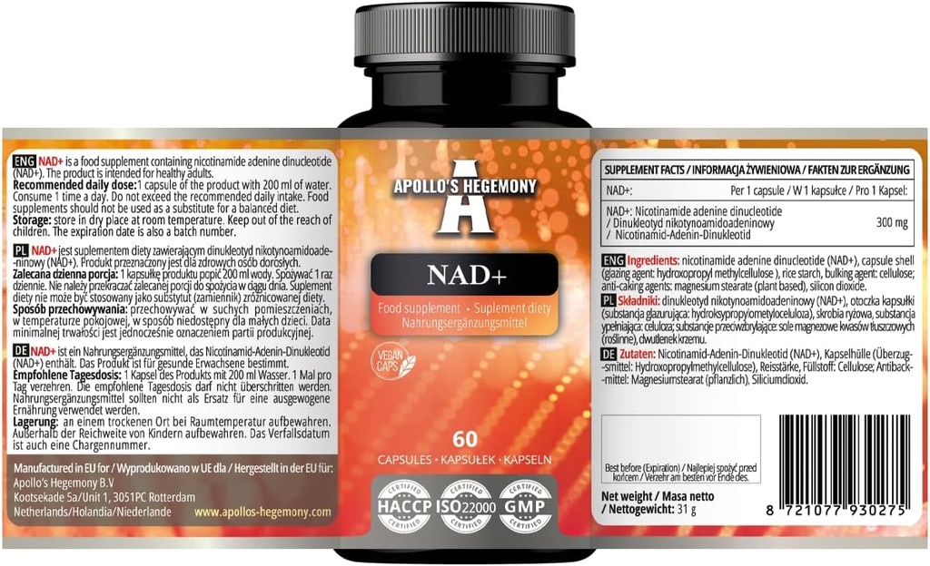 HEGEMONY APOLLO NAD+ 300 mg - Coenzimatic Form of Vitamin B3-60 Vegan Capsule - 2 luni de aprovizionare - Nicotinamida Adenina Dinucleotide Dieta Supliment