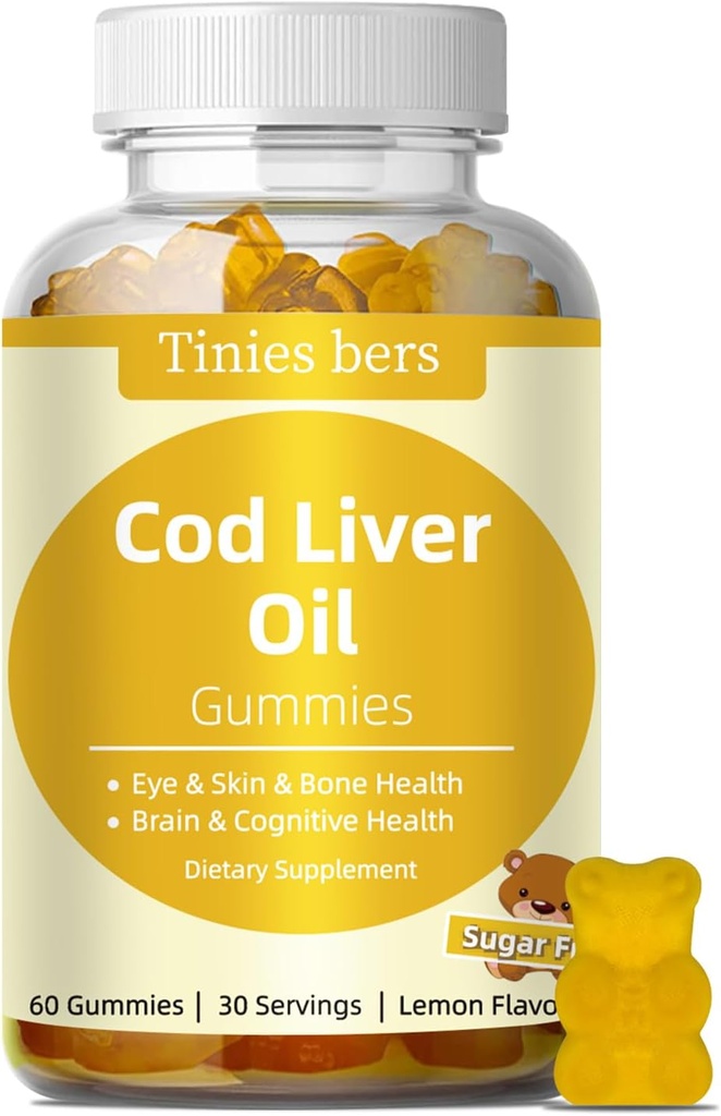 Cod Ulei de ficat Gumries 1000mg, Zahăr gratuit pentru adulți & copii, Omega-3s & Vitamina A&D pentru creier, Cognitive, Inimă & ochi, Sănătate osoasă, Gluten gratuit, Non OMG, Pectină, 60