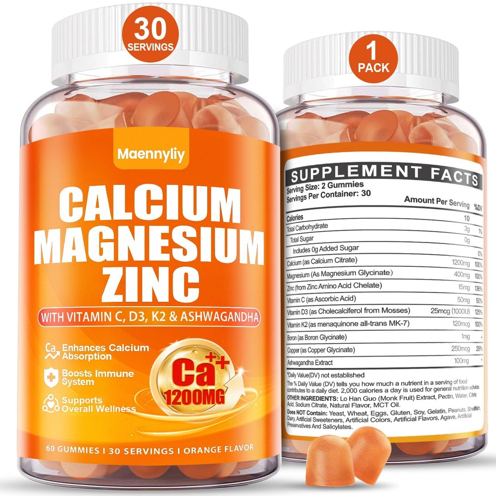 Calciu 1200 mg cu vitamina D3 Gume pentru adulţi - Citrat de calciu cu vitamina D3 K2, magneziu, zinc, bor, cupru şi Ashwagandha - Supliment de calciu extra absorbţie pentru femei