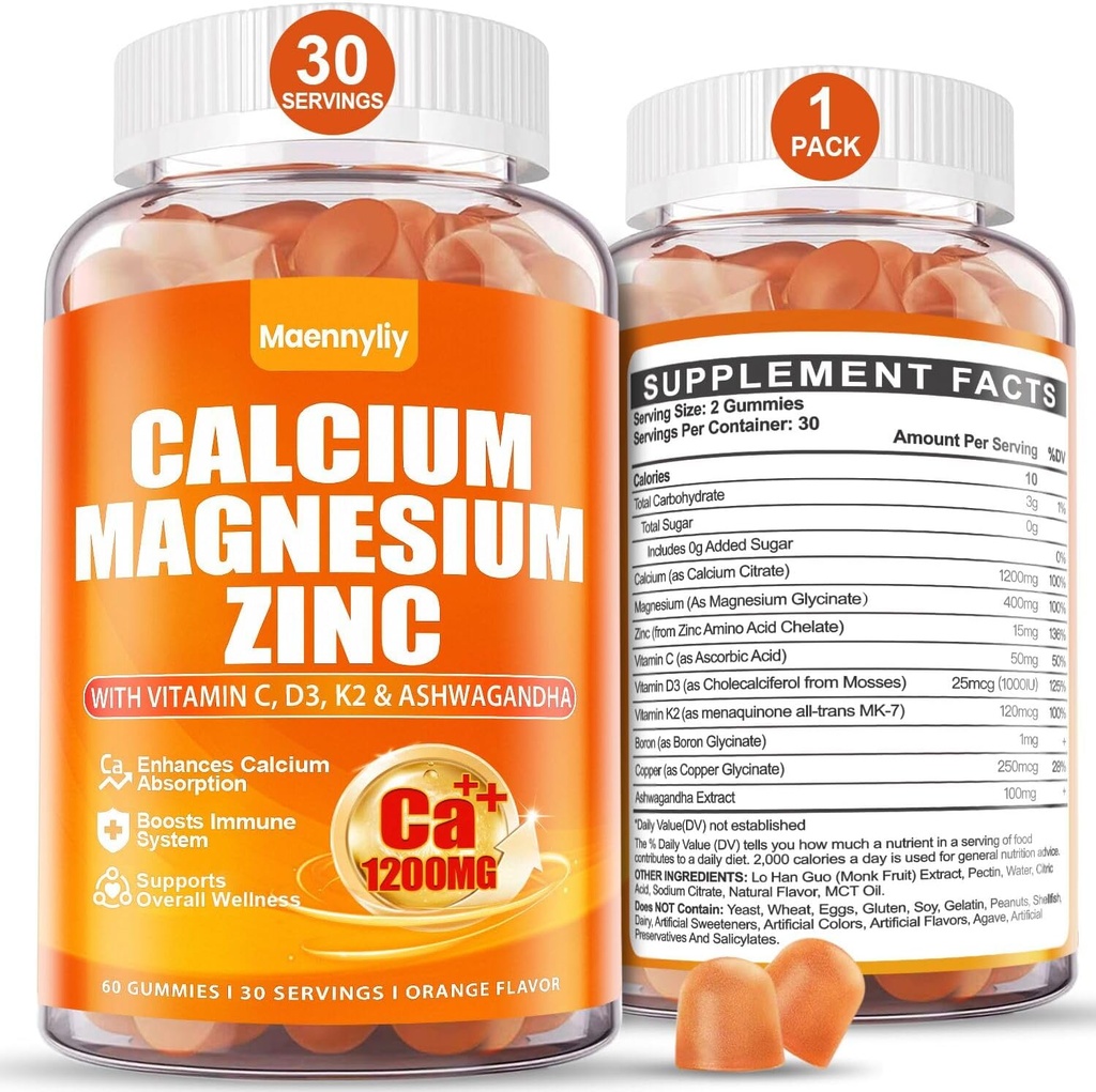 Calcium 1200 mg with Vitamin D3 Gummies for Adults - Calcium Citrate with Vitamin D3 K2, Magnesium, Zinc, Boron, Copper and Ashwagandha - Extra Absorption Calcium Supplement for Women Men