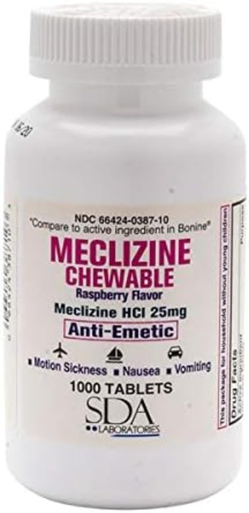SDA LABORATORIES Meclizine Tablete masticabile, 25 mg, anti- Emetic, aroma zmeură, stare de rău şi vertij Relief pentru greaţă, ameţeli şi vărsături, 1000 Count (1 ambalaj)