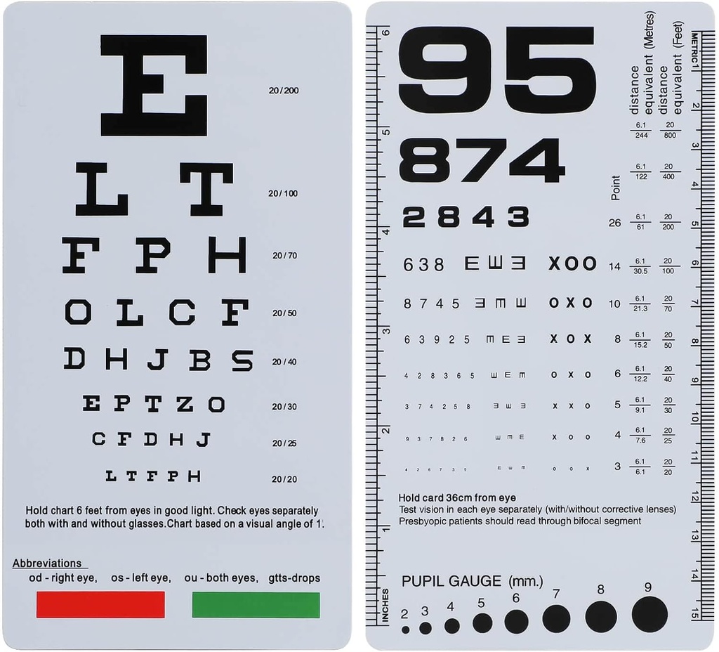 NOYOC 2 Pack Pocket Eye Chart, 2 in 1 Snellen & Rosenbaum Chart, 6.5x3.5 Inches, Handheld Double Sided Plastic Low Vision Card for Eye Examene (2 Pack 6 Feet)