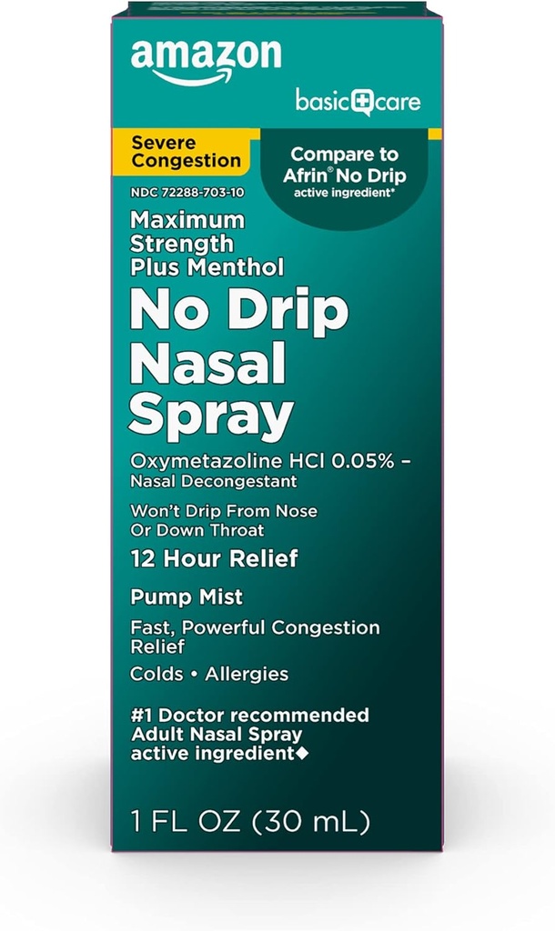 Îngrijire de bază Nu picurare severă 12 oră pompa decongestionant nazal Mist, Steroid gratuit, Putere maximă Plus Mentol 1 oz (Pachet de 1)