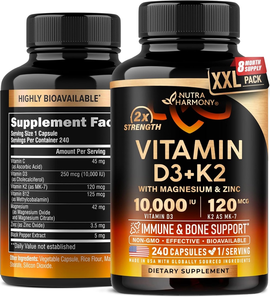Vitamina D3 K2 - Vitamina D3 10000 ui & K2 ca MK-7 120 mcg - Immun & Mood Support, pentru sănătatea oaselor și a dinților - cu magneziu, zinc și vitamina C & B12 - Biodisponibil foarte mare - Made in USA, 240 Capsule