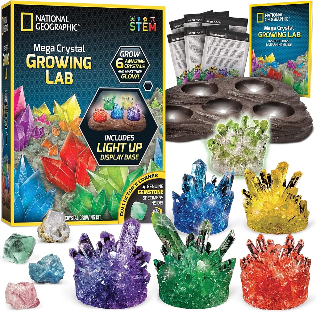 National Geographic Mega Crystal Growing Kit - Creste 6 cristale cu stand de lumina-up, Stiinta Cadouri pentru copii 8-12