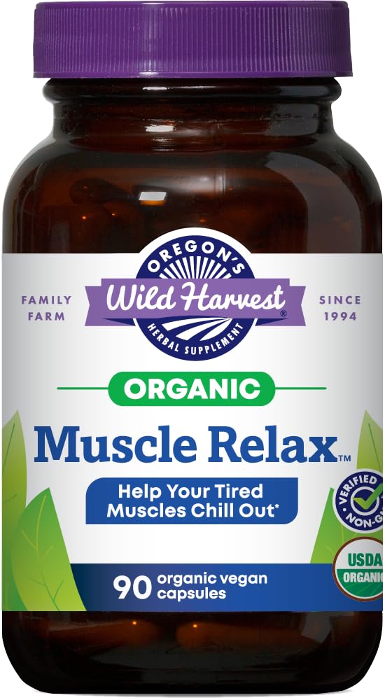 Oregon Wild Harvest Muscle Relax Organic Herbal Supliment Capsule Vegan cu Valerian, Hops și Skullcap - 90 Conte