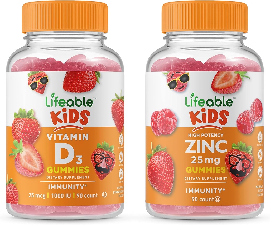 Zinc de viață 25mg Copii + Vitamina D Copii, Gume Bundle - mare Tasting, Supliment de vitamine, Gluten gratuit, OMG gratuit, Guma de mestecat