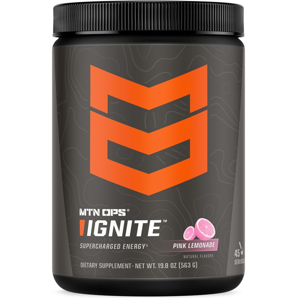 MTN OPS Ignite Energetic Drink Powder, Gluten Free Nootropic Supplement Drink Mix, L Arginine, L Citruline, Cafeina & Nootropic Sugar Free Drink Mix, 45 Servings, Roz Lemonade