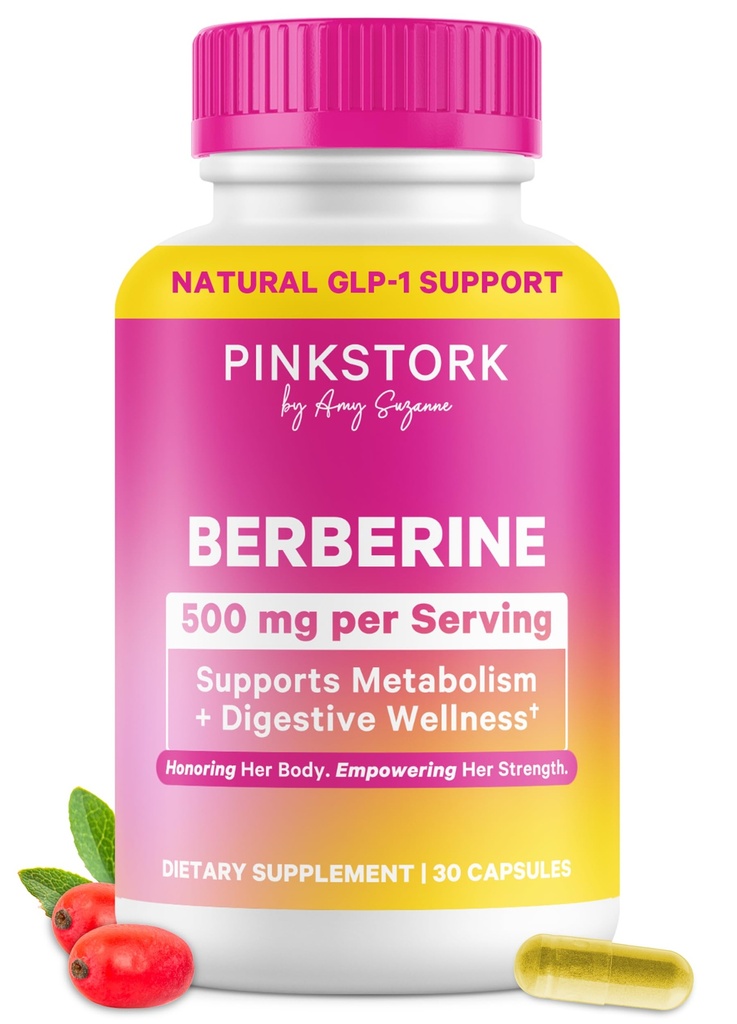 Pink Stork Berberine 500mg - Suplimentul naturii GLP-1 - Daily AMPK Metabolic Activator - 500-1000 mg Metabolism + Gut Health for Women 