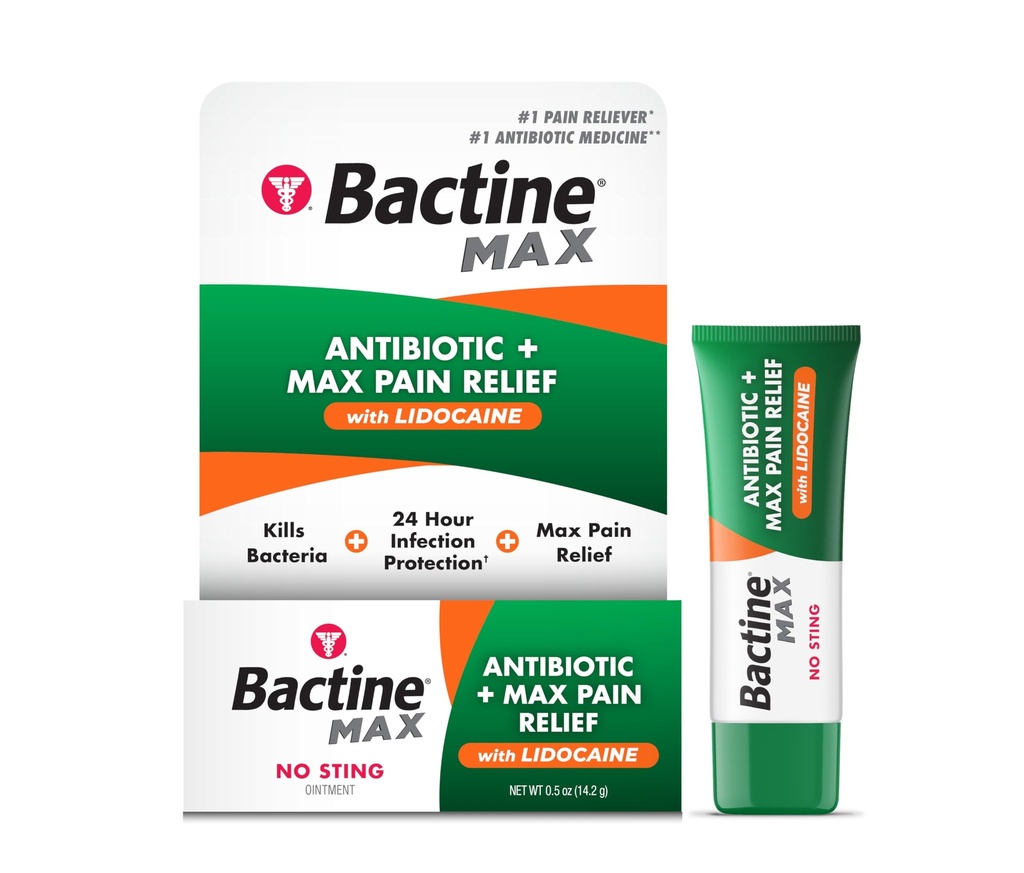Bactină MAX Antibiotic + Durere Unguent de alinare - Unguent antibiotic cu Lidocaină - Durere + Mâncărime Relief pentru tăieturi minore & Scrapes & Burns - Lidocaină Numbing Cream - 0,5oz