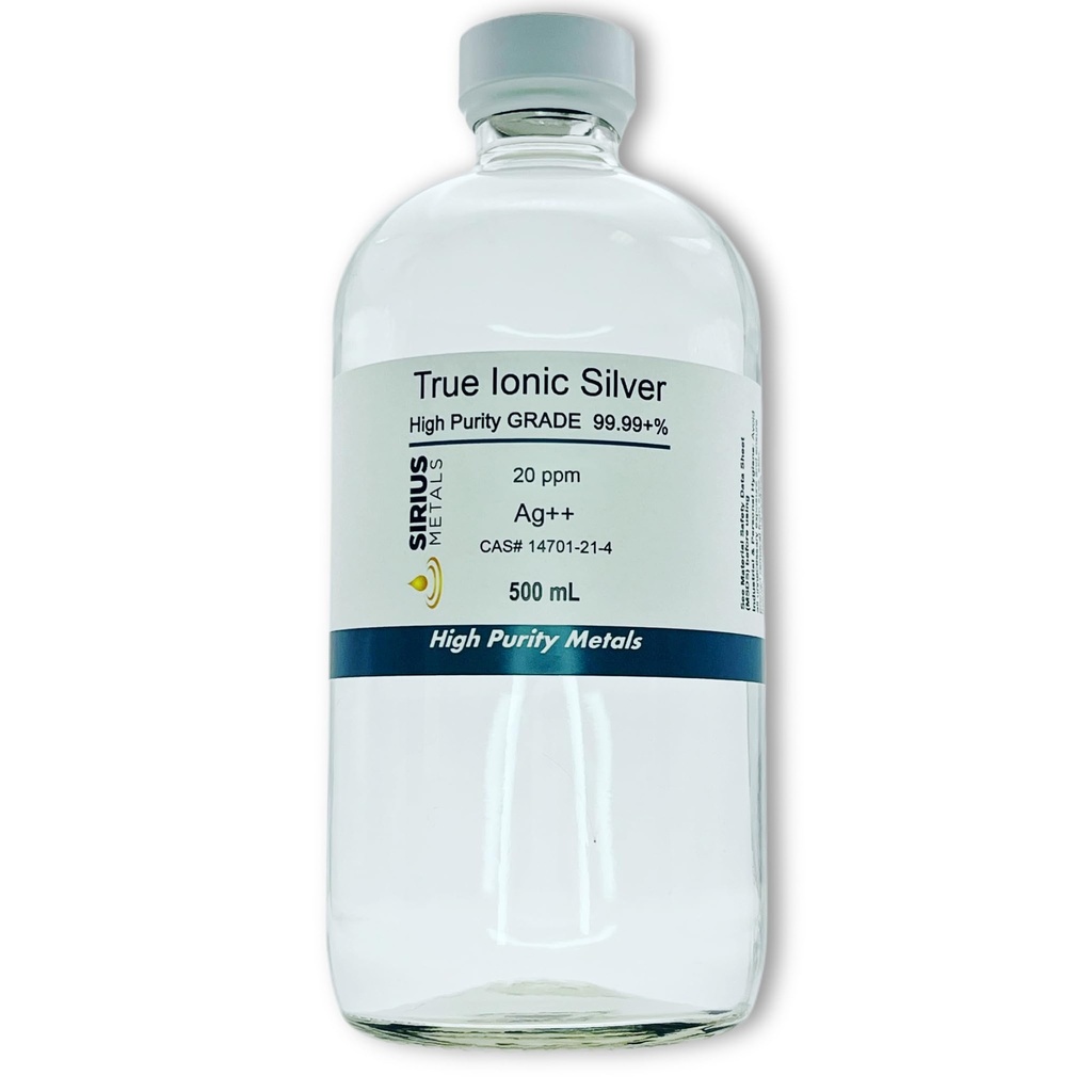Argint ionic adevărat gratuit - 20 ppm: 500ml în sticlă transparentă
