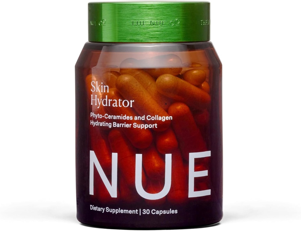 Nue Co. Suplimentul HYDRATOR Skin, conține Colagen hidrolizat, Aloe și Acid hialuronic, Gluten gratuit, 30 capsule