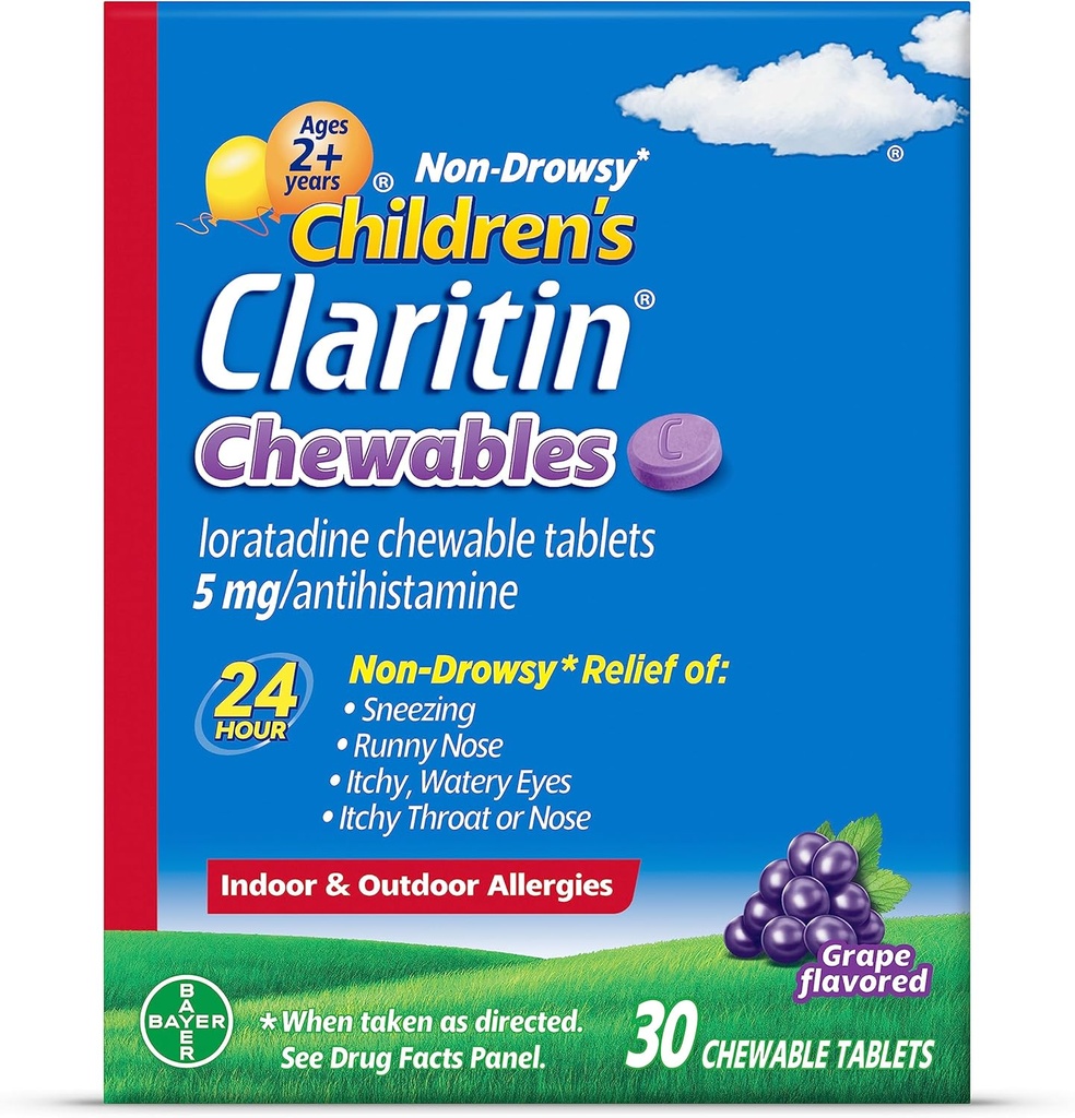 Claritină pentru copii Mesteca 24 de ore ajutor alergii, non Drowsy copii Alergie Medicina, Strugure Antihistamina tablete masticabile, 30 Conte