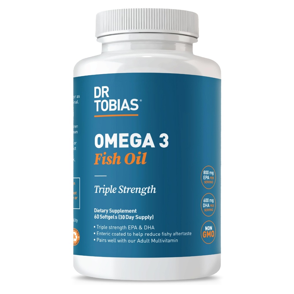 Dr. Tobias Omega 3 ulei de pește, 2000mg Putere triplă cu 800mg EPA 600mg DHA per servire, ulei de pește Omega 3 Suplimente pentru inima, Brain & Suport imunitar, 60 Softgels, 30 Serviri