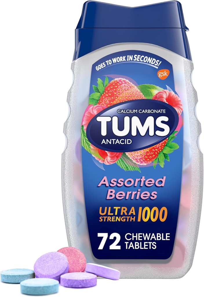 TUMS Ultra Concentraţie Antiacid masticabil Tablete pentru Relief de arsuri în capul pieptului şi Indigestie Acidă Relief, Berieri asortate - 72 Număr
