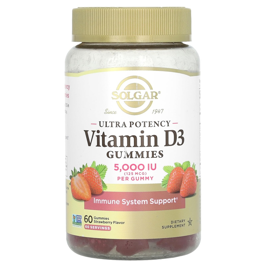 Solgar Vitamina D3 Gume pentru adulți 5000 UI Ultra Potență Vitamina Imuna Sistem de sprijin pentru femei și bărbați - Aroma de căpșuni gustoase, gluten și gelatină Gummy gratuit, 2 lună de aprovizionare, 60 serviri, 2g zahăr
