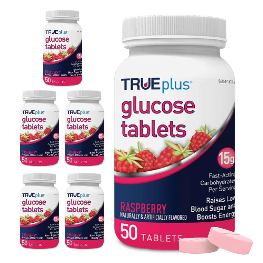 TRUEplus® Glucoză tablete, aroma de zmeură - 50 Conte (Pachet de 6)