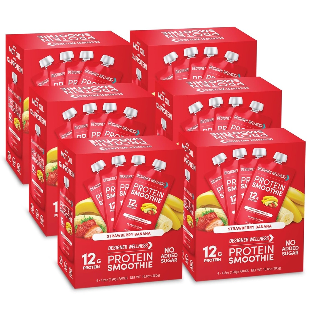 Designer Smoothie proteine wellness, fructe reale, 12g proteine, carbohidrat scăzut, Zero adăugat zahăr, Gluten-gratuit, non-GMO, fără culori artificiale sau arome, capsuni Banana, 24 Conte