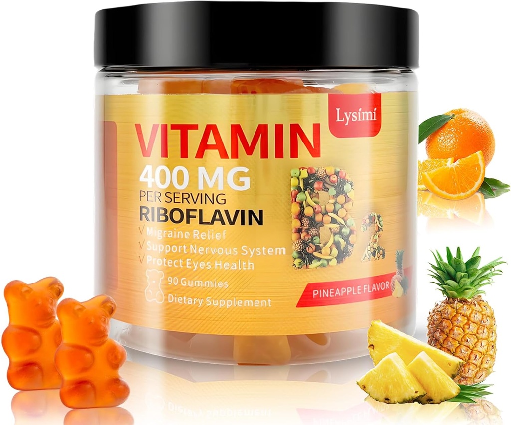 Vitamina B2 Gummies, vitamina B2 Riboflavin Gummies 400 mg cu magneziu & Coq10, Migrene Relief & Headache Relief, pentru copii și adulți, 90 Gumii masticabile (1)