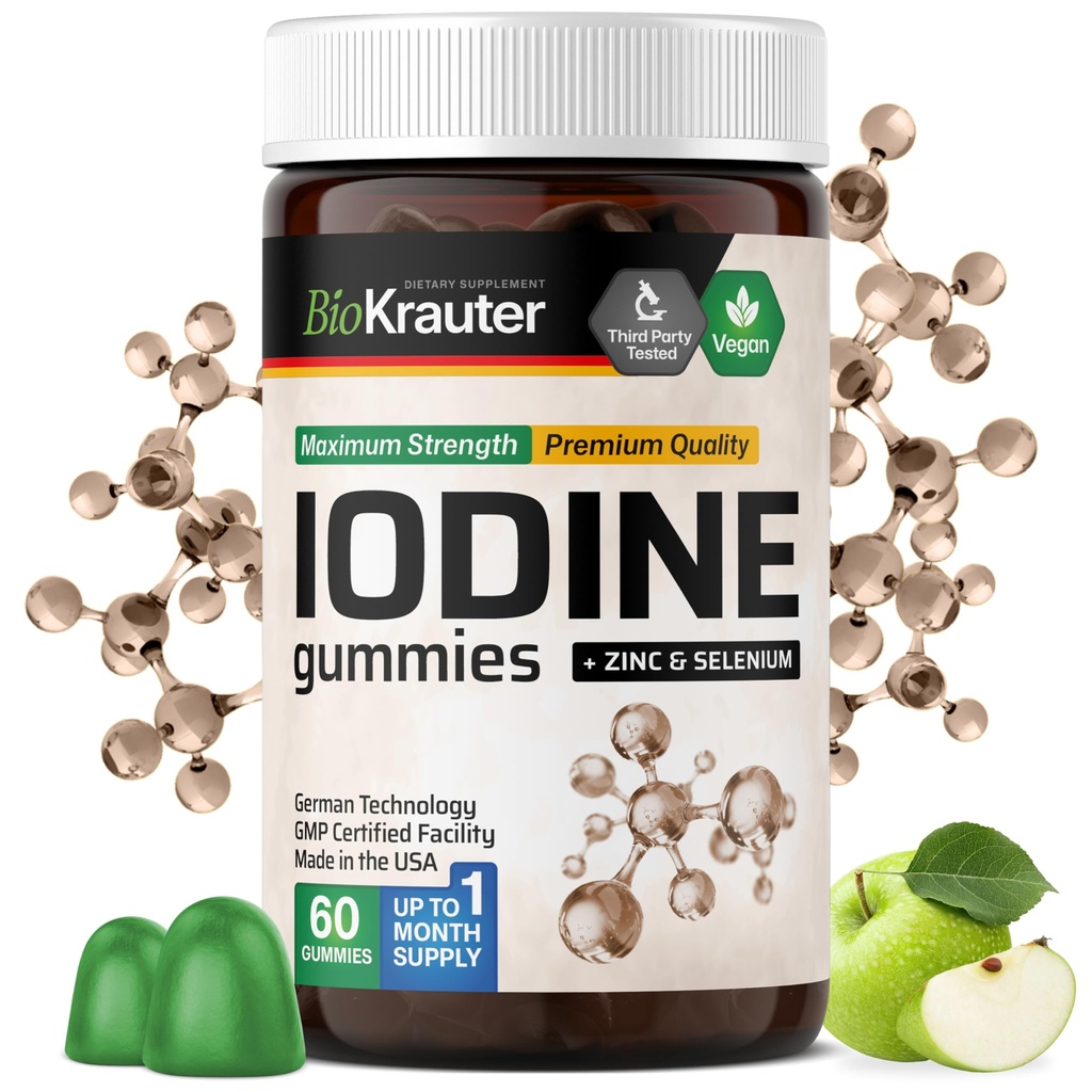 BIO KRAUTER Ioding Gummies - 60 Vegan Chews - 250 mcg Iodură de potasiu - Iod suplimentar cu Selenium Zink - Apple Flavor, Pectin-Based Chews
