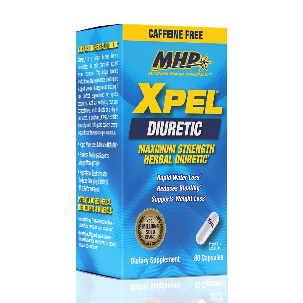 MHP Xpel Pastilele de apă diuretică cu concentraţie maximă pentru menţinerea apei, fără cofeină cu vitamina B-6 rădăcină de dandelion de potasiu, 80 capsule