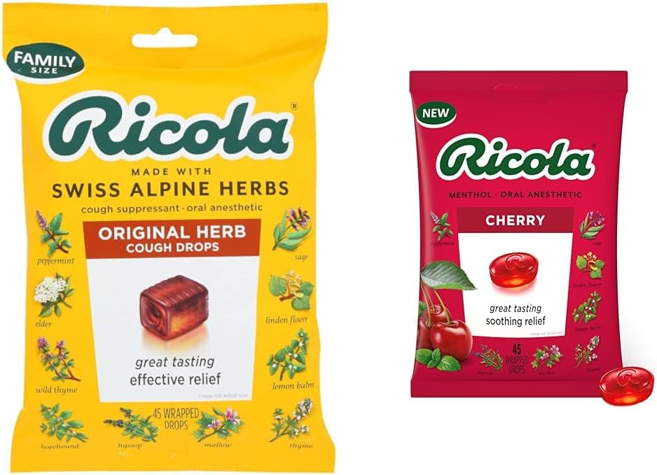 Ricola Original Natural Herb Tuse Stropi de gât, 45 picături, Lupte Tuse natural, Soothes Ghroats, Natural Soothing Relief & Cherry Ghroat Drops, 45 Conte