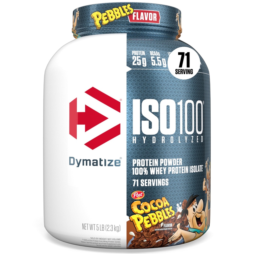 Dymatize x Cocoa Pebbles ISO100 Whey Proteine pulbere Izolat, 25g de proteine, 5,5g BCAAs, 120 Cal., Gluten Free, 1g Fat, 1g Zahăr, 2g Carb (71 Servings)