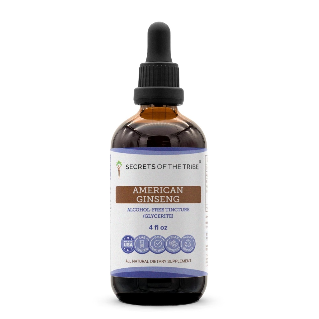Secretele Tribului American Ginseng Tincture Extract de alcool-liber, Ferma crescut American Ginseng (Panax Quinquefolius) Supliment rădăcină uscată Tinctură (4 FL OZ)
