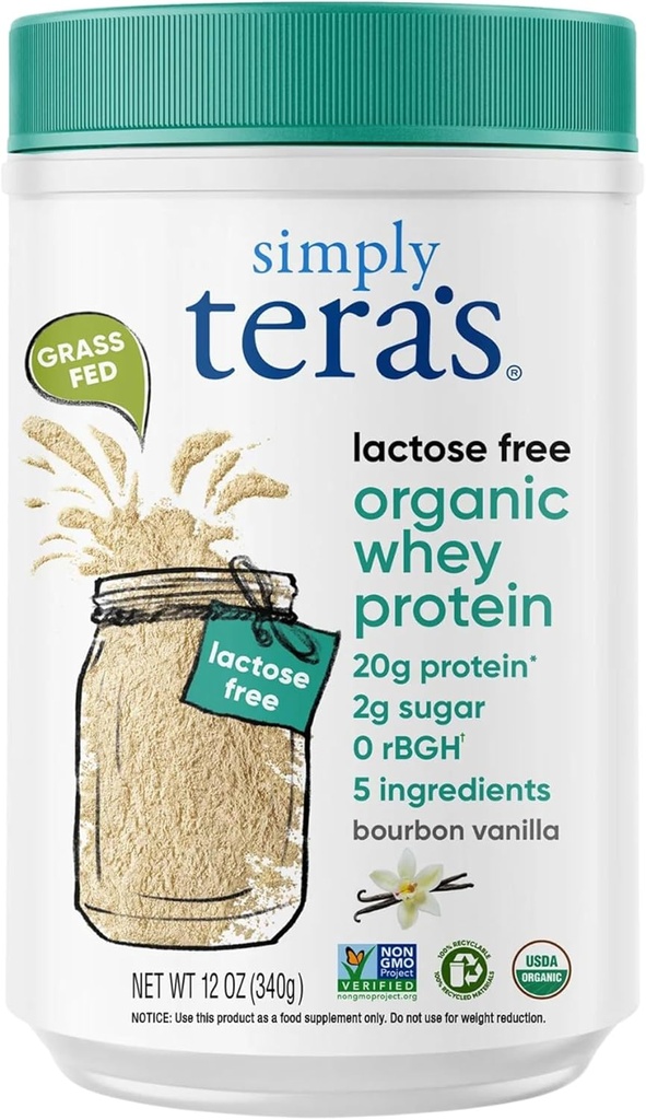 pur și simplu tera lui Lactoză organică Whey pulbere de proteine - Lactoză fără, vanilie, 20 g de proteine per servire, non-GMO, gluten-free, rBGH-Free, Kosher - 12 Oz.