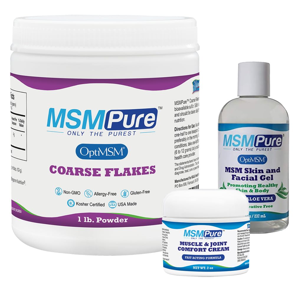 KALA HANITY MSMPure Starter Bundle with MSM Coarse Flakes 1lb, MSM Muscle & Joint Cream 2oz and MSM Gel with Organic Aloe 8oz