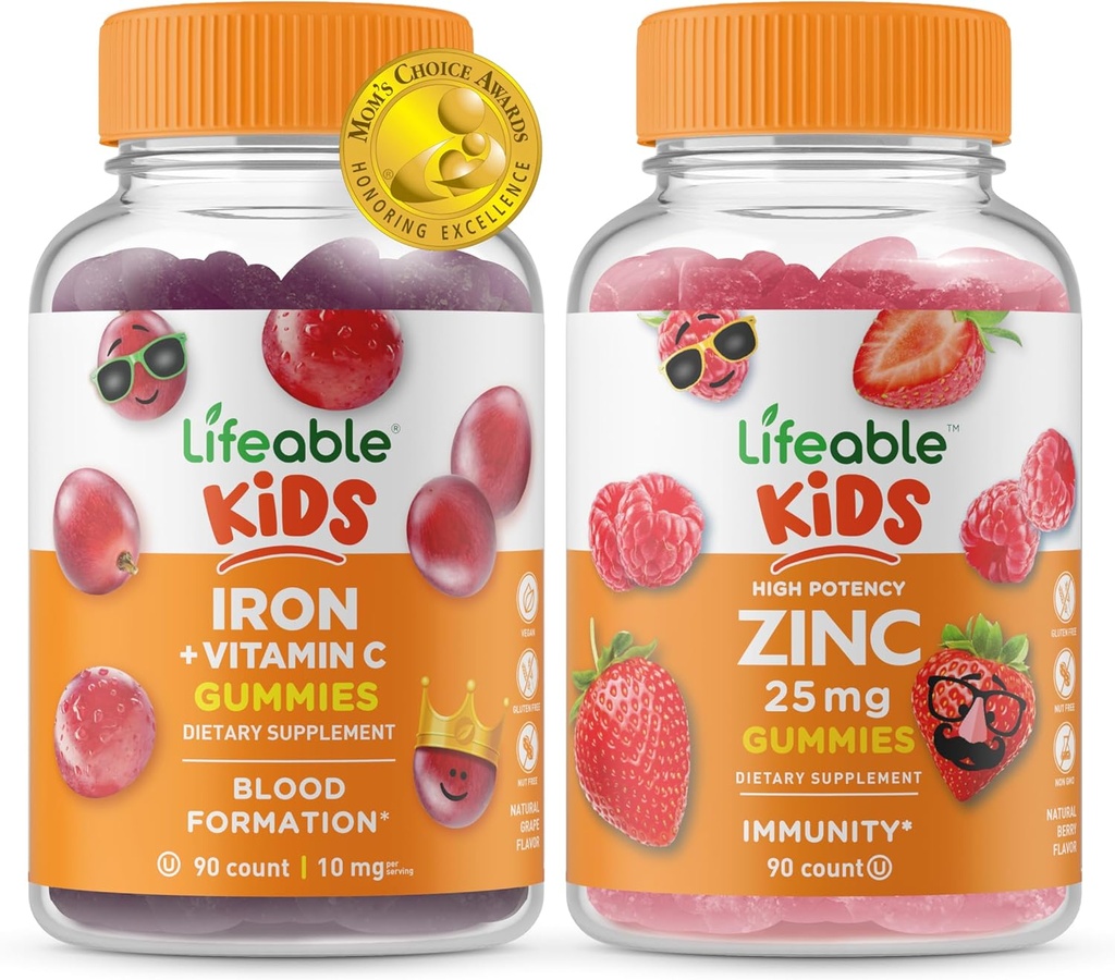 Iron & Vitamina C Lifeable Copii + Zinc 50mg, Gummie Bundle - mare Tasting, Supliment de vitamine, Gluten gratuit, OMG gratuit, Guma de mestecat