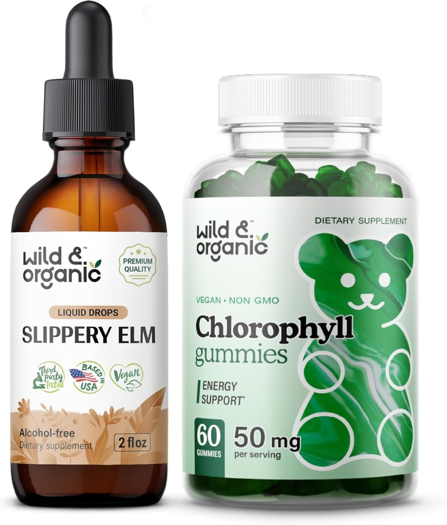 Elm Tinctură sălbatică și organică 2 fl oz și gume de clorelină 60 Chews