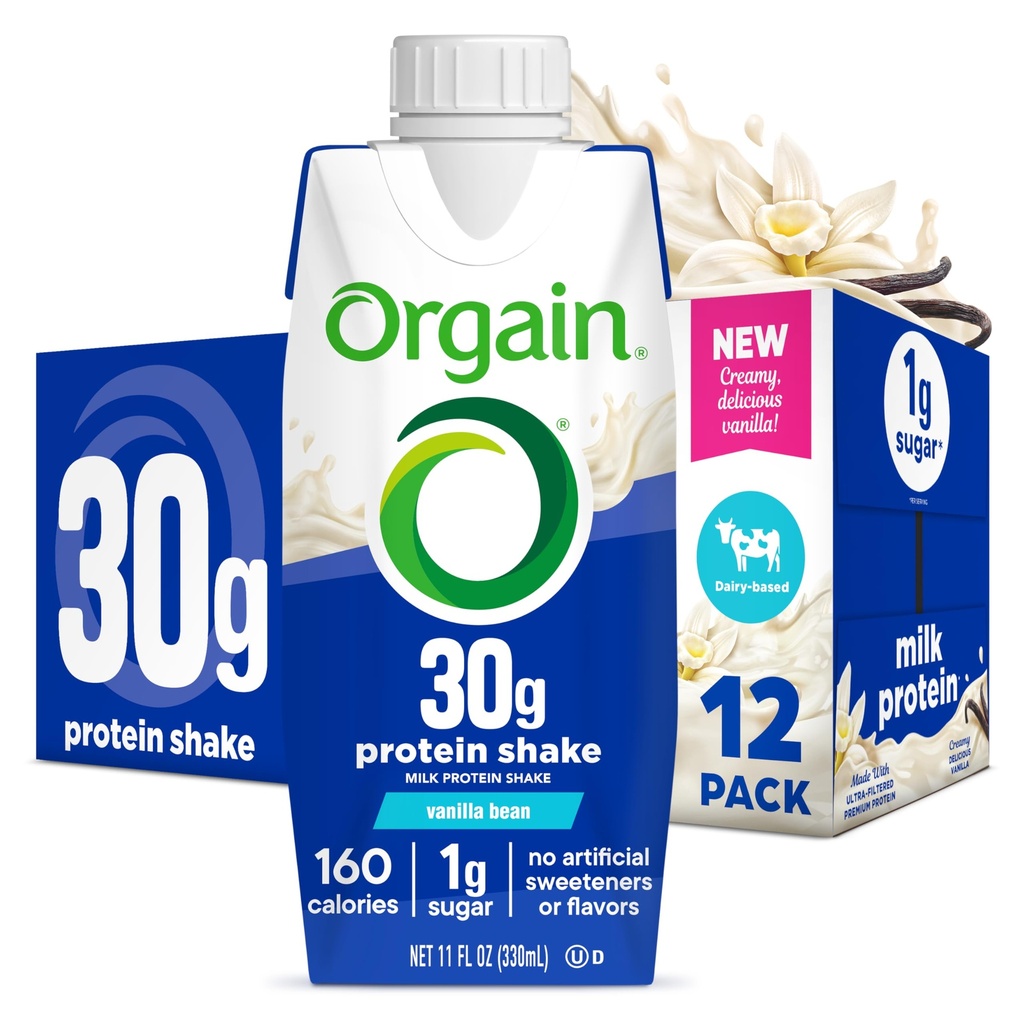Orgain 30g mare de proteine Shake, lactate izolat de proteine din lapte, Vanilla Bean, 5g BCAAs, 1g zahăr per servire, Masa de înlocuire, gata de băut, Keto prietenos, Gluten-Free 11 Fl Oz (Pachet de 12)