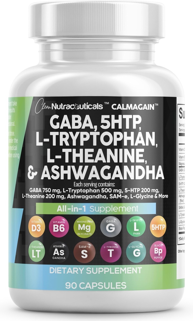 Clean Nutraceuticals GABA 750mg 5 HTP 200mg L Tryptofan 500mg L Theanine 200mg Ashwagandha SAM-e L-Glycine - Mood Support Vitamine pentru femei si barbati cu L-Tyrosine 5-HTP (5-Hidroxitriptofan)