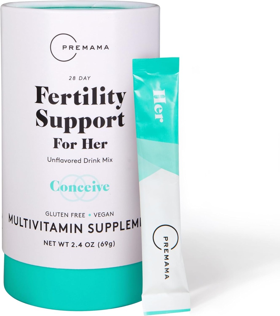 Suport Fertilitate Prema pentru Pachetele ei cu pulbere, Supliment multivitamine pentru a sprijini funcția normală de ovulație și calitatea ouălor, Gluten-Free, Vegan, Nearomat, 28 Pachete cu un singur serviciu