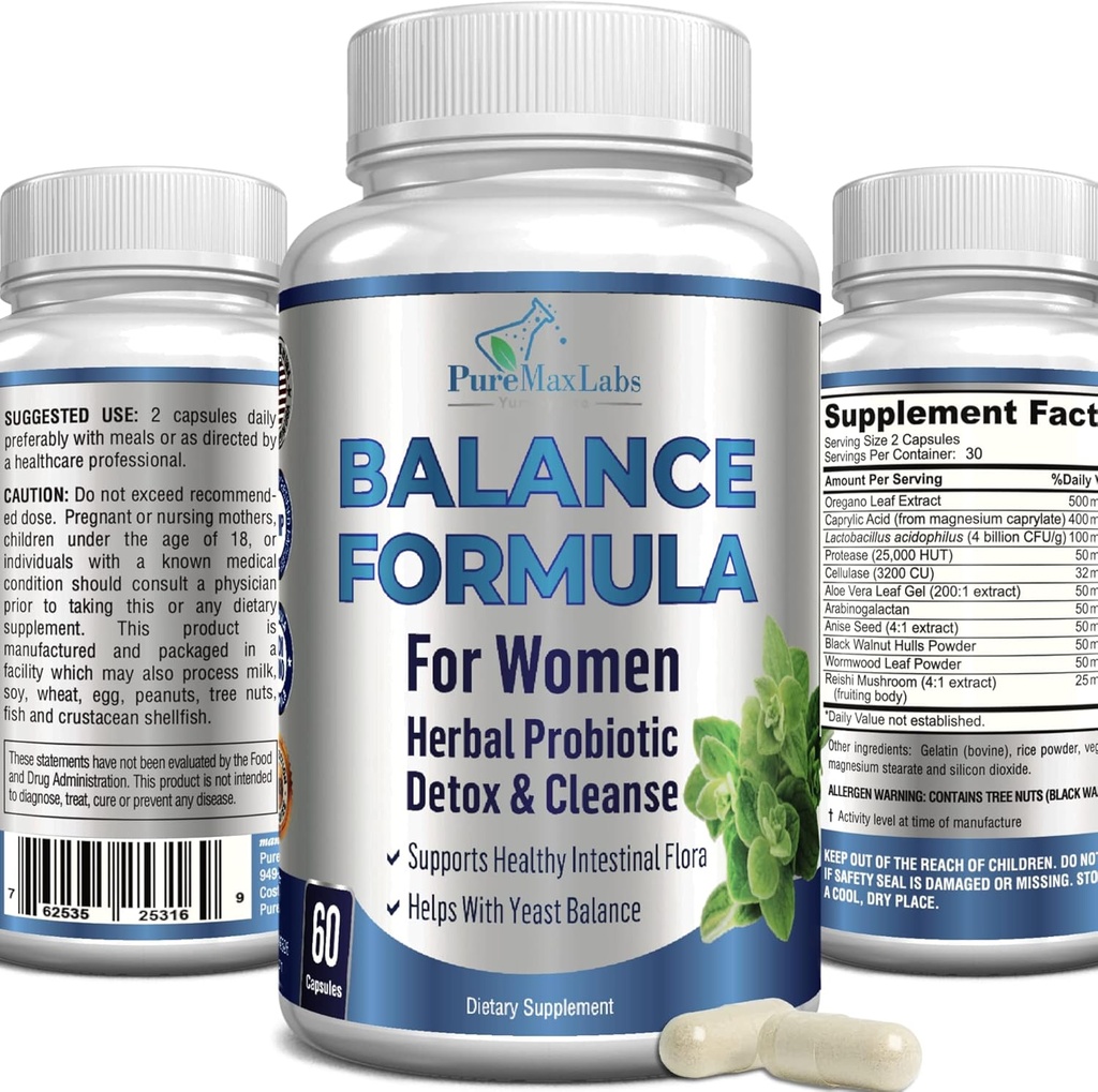 Complex de echilibru pentru femei - pentru sănătatea vaginală, dezintoxicare Herbal & Curățenie, Probiotice vaginale, Sprijină Flora intestinală sănătoasă, Ajută cu dreaptă Infecții 60 capsule