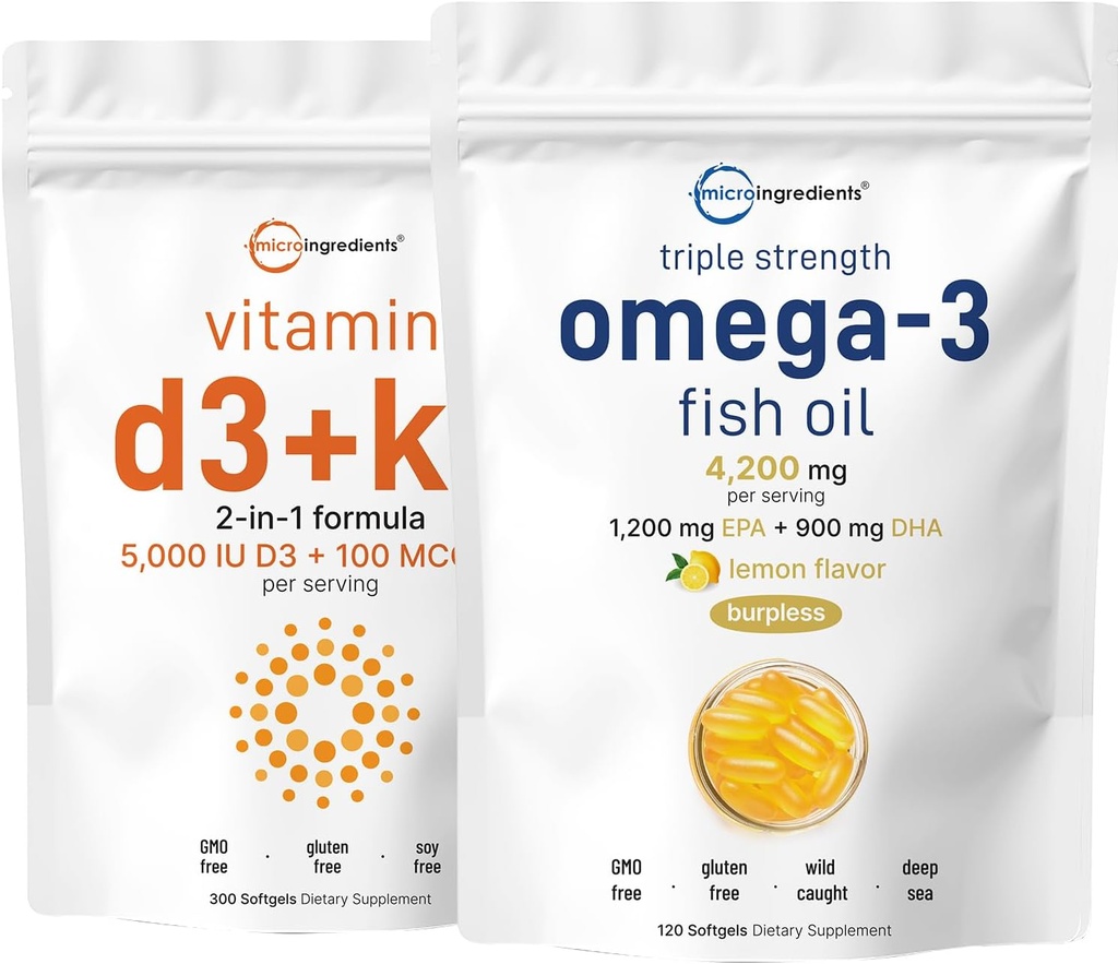 Micro Ingrediente Vitamina D3 5.000iu + K2 100mcg Softgels & Omega-3 Ulei de pește 120 Softgels Bundle 2 Pack 